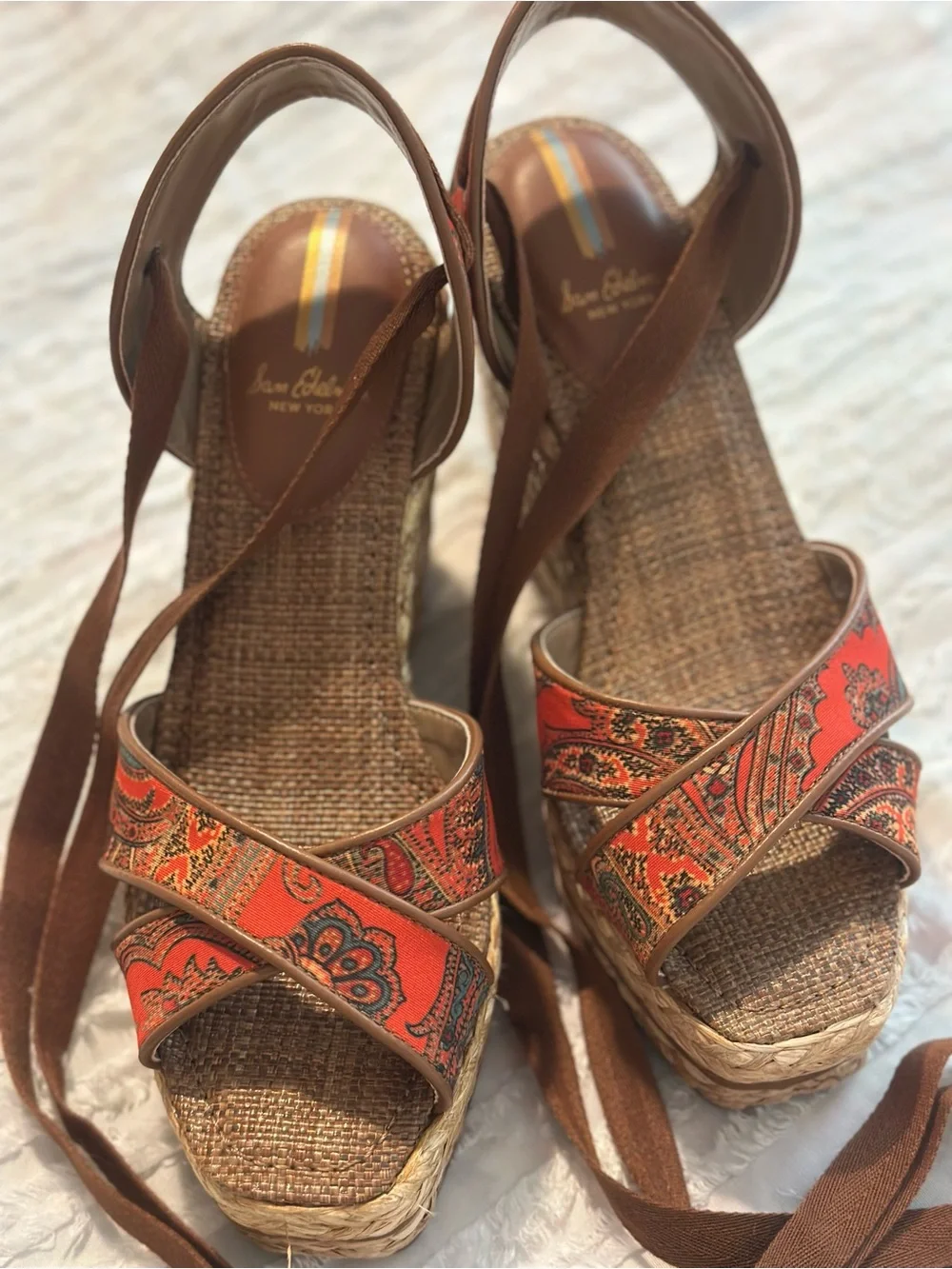Sam Edelman Brown Ankle-Tie Wedge Sandals with Red Patterned Straps